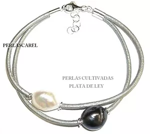 PULSERA de PLATA925 y PERLAS Cultivadas 11mm Negra y Blanca con Cuero Gris Metal - Imagen 1 de 1