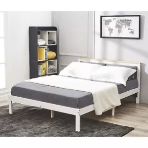 Simple White/Wood Double Bed 4FT6 Wooden Bed for Adults, Kids, 137*190cm - Picture 1 of 20