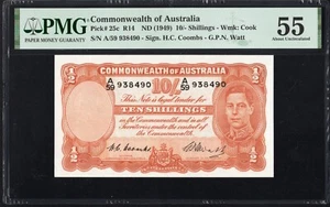 Australia 10 TEN Shillings P25c R14 1949 Coombs Watt PMG55 aUNC Banknote KING - Picture 1 of 2