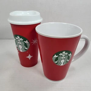 Cerámica roja Starbucks 17,24 oz. Taza de café y taza de plástico reutilizable para vacaciones 16 oz. - Imagen 1 de 8
