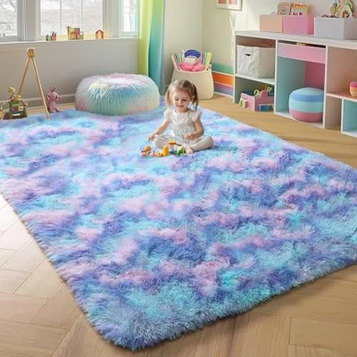  Alfombras mullidas para dormitorio de niñas, alfombra de noche lavable arco iris púrpura 4x6,  Foto 1 de 4