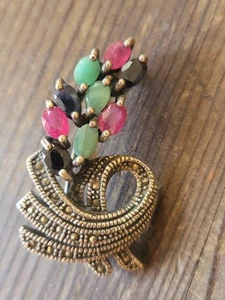 Broche Multi Piedras Preciosas Marcasita Esterlina Verde, Rosa, Azul, Aprox 14,9 Gramos - Imagen 1 de 8