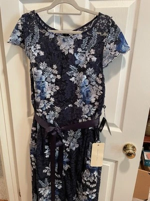 Adrianna Papell Embroidered Lace Floral Gown slit Size 20 Multi Navy, New w/tags - Image 1 of 4