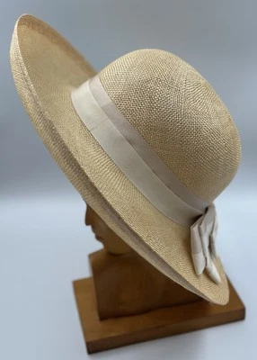 Vintage Liz Claiborne Straw Hat Wide Brim Beige Grosgrain Ribbon Couture Fashion - Image 1 of 4