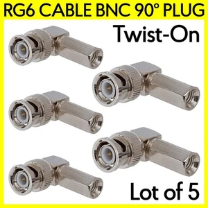 5 Pack BNC Plug Right Angle Connector 90 Degree Twist On RG6 Coaxial Cable Plug - Picture 1 of 3