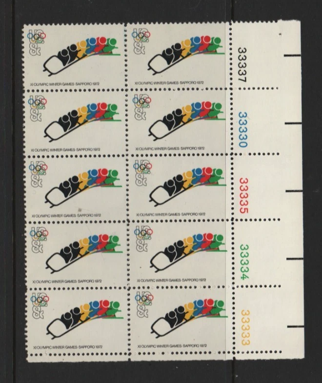 U.S. 1973 Olympic Bobsled 8 cent 10-stamp Plate Block Mint MNH Scott # 1461 .. - Image 1 of 1