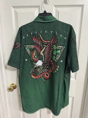 Black Label Affliction Men’s XL Green Short Sleeve Shirt / Embroidery Velvet - Image 1 of 4