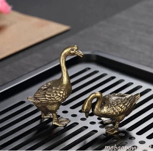 2 Pc Antique Pure Brass Mini Pair of Swan Small Ornaments - Picture 1 of 11