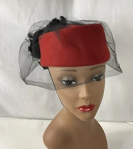 Retro 1990s Street Smart Betmar Pillbox Hat Red Wool Black Plume & Veil Small - Picture 1 of 7