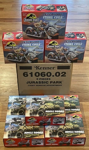 Jurassic Park Dino Trackers JUNGLE RUNNERS (5) & STRIKE CYCLE (3) sealed Kenner Cover