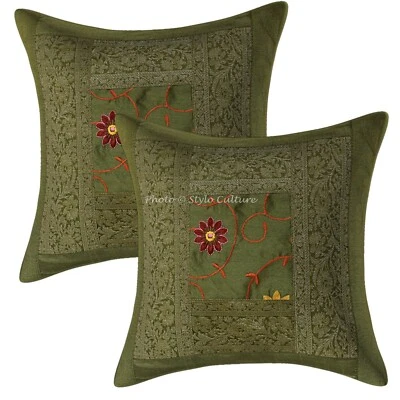 Indian Polydupion Floral 40cm Brocade Patchwork Embroidered Throw Pillow Covers - Image 1 of 4