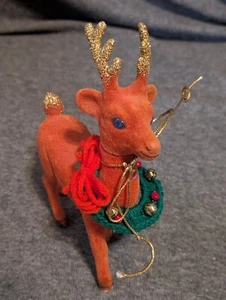 VTG 9.5" Red Flocked Plastic Reindeer Christmas Decoration Gold Glitter Antlers - Picture 1 of 12