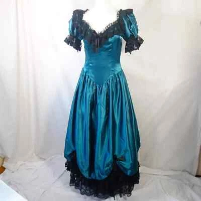 Nuevo con etiquetas Vestido Vintage Años 80 Loralie Pequeño Gótico Negro Encaje Novia Manga Abullonada Verde azulado Foto 1 de 4