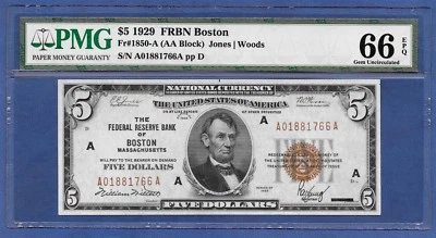 🇺🇸 1929 $5 FRBN ♚♚BOSTON♚♚  PMG GEM UNCIRCULATED 66 EPQ  BEST KNOWN!!! - Image 1 of 2