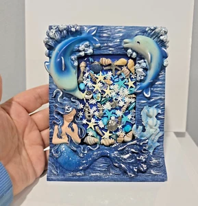 Vintage Jewelry Art Collage framed Dolphin, ocean theme, gift, housewarming - Picture 1 of 5