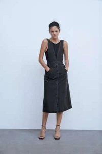ZARA Button Up Black Denim Pinafore Dress XS NWT 5899/153/800 - Picture 1 of 5