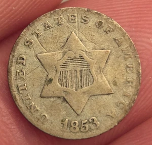 1853 Three Cent Silver trime VF - Picture 1 of 2