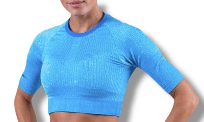 Nike Dri Fit Pro Top Mujer S Recortado Entrenamiento Gimnasio Camisa Azul Elastizado Logo Y2K Foto 1 de 4