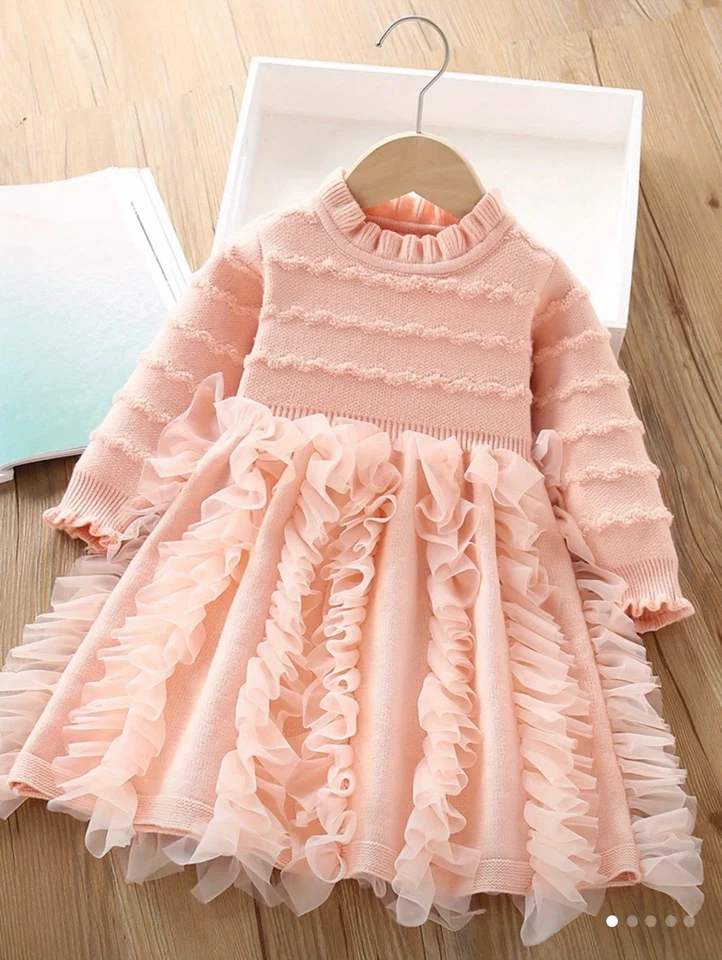 Vestido de princesa tejido para niña pequeña suéter con volantes tutú melocotón manga larga invierno 3T Foto 1 de 4