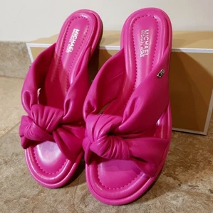 Michael Kors | Women's 5.5 M Elana Cerise Pink Leather Slide Sandals NEW NIB ✨️ - Picture 1 of 15