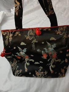 Black And Red Oriental Style Tote Bag With Birds And Dragons P2 - Picture 1 of 12