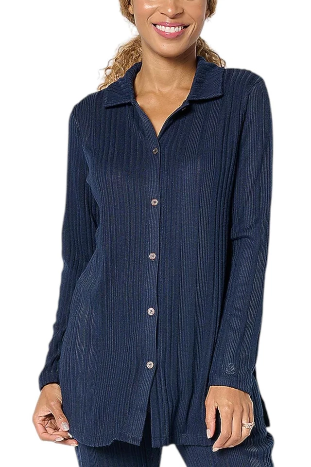 Cárdigan para mujer Cuddl Duds cómodo tejido acanalado botón delantero Oxford azul marino Foto 1 de 1