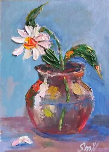 Original Art Daisy Textured Oil Mini Painting Flower Vase Modern Artwork 4x6 - Picture 1 of 10