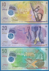 Maldives 3 Notes 10 + 20 + 50 Rufiyaa P 26 27 28 2015 UNC Polymer notes - Picture 1 of 1