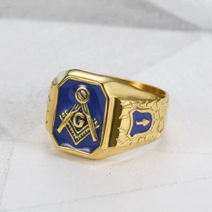 Blue Enamel Freemason Symbol Ring Stainless Steel Vintage Biker Masonic Ring - Picture 1 of 2