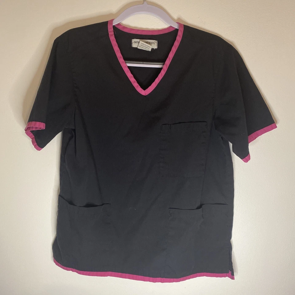 Natural Uniforms Scrub Top Medical Uniform Black Pink V Neck XS - Image 1 of 4