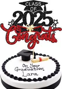 1Pc Congrats Grad 2025 Cake Topper Red Glitter Diploma Graduation Cap Cake Pick - Picture 1 of 12