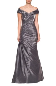 LA FEMME 25656 Platinum Silver Gunmetal Pleated Ruched Satin Mermaid Gown 18 XXL - Picture 1 of 4