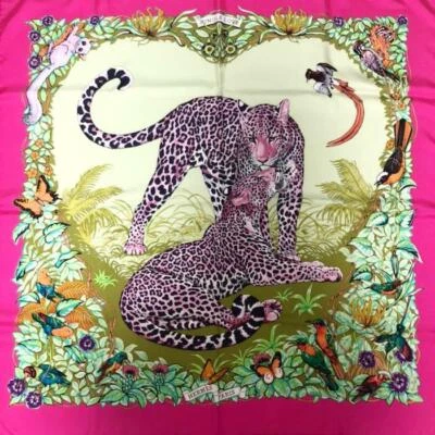 Hermes 围巾 Stole 丛林 Love Robert Dallet 粉红色动物花卉丝绸 正品 全新 90 — 第 1/4 张图片