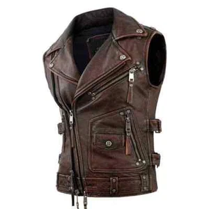 Herren Vintage Biker Motorrad Weste - Echt Lederjacke in Braun & Schwarz - Bild 1 von 6