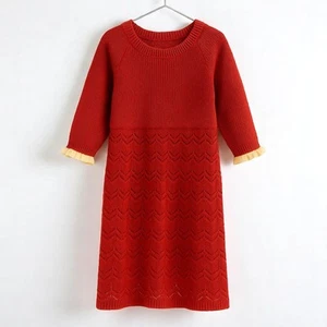 80s Vintage English Red Girl’s Knit Half Sleeve Ribbed Sweater Dress - Picture 1 of 11