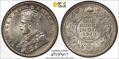 1 Rupee 1919 (C) Calcutta Crowned King EMPEROR George V India British MS63 PCGS - Image 1 of 3