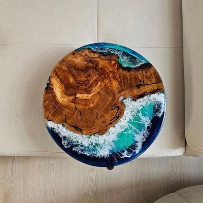 Luxury Ocean Look Round Walnut Wood Epoxy Resin Tabletop Gift For HouseWarming - Image 1 of 4