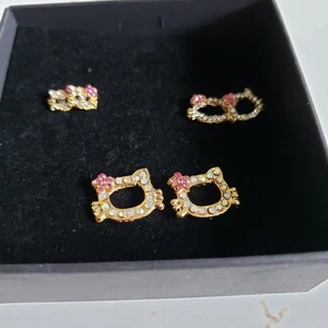 Hello Kitty Inspired Rhinestone Earrings Set 3 Gold Tone Pink Bow Crystal Gift - Picture 1 of 2
