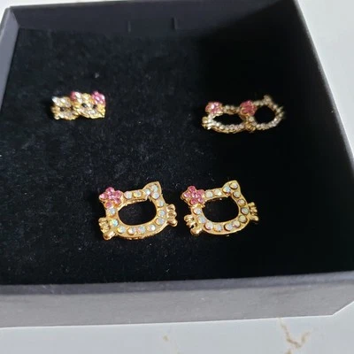 Hello Kitty Inspired Rhinestone Earrings Set 3 Gold Tone Pink Bow Crystal Gift - Image 1 of 2