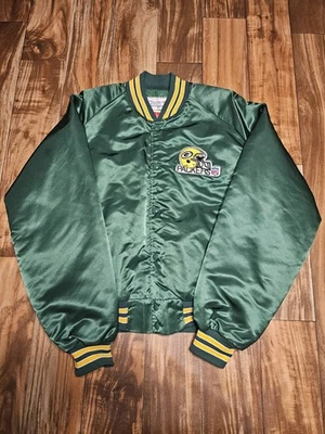 Abrigo Chaqueta Deportiva Vintage Green Bay Packers Línea Tiza Satinado NFL Talla Mediana Foto 1 de 4