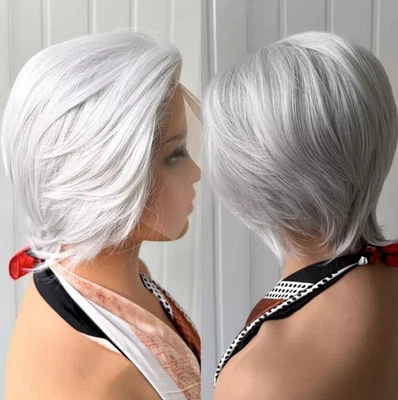 Perucas Bob Curtas Corte Pixie Prata Branca 13x4 Renda Frente 100% Remy Cabelo Humano Perucas - Imagem 1 de 4