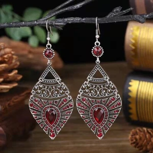 Gorgeous Women Vintage Bohemian Earrings Crystal Big Teardrop Heart Tassel 1507 - Picture 1 of 13