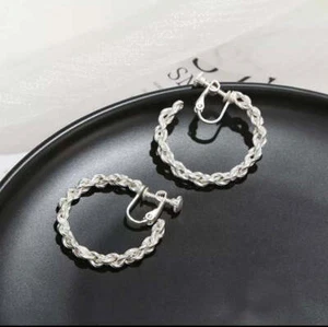 Clip on 1 1/2" matte silver twisted rope open back hoop earrings - Picture 1 of 2