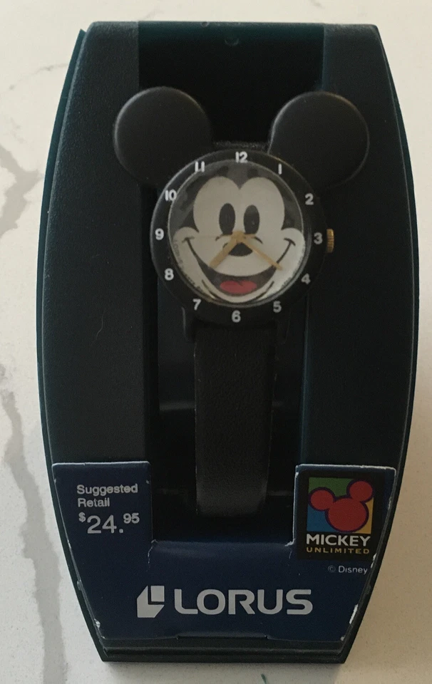 Lorus Disney Mickey Mouse 38mm Watch V821-0970 Quartz Black Mickey Ears – Works