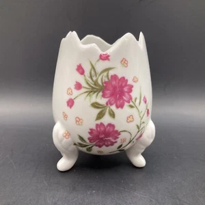 Vintage LEFTON  Porcelain Ceramic 3 Legs Cracked Egg Vase 5525 Pink Floral - Picture 1 of 5