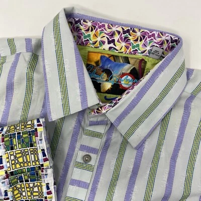 Рубашка с длинным рукавом мужская Robert Graham 3XL белая фиолетовая желтая в полоску с откидными манжетами - Изображение 1 из 4
