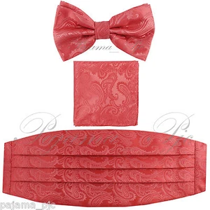 Brand New Paisley CORAL Men's Cummerbund And Bow tie & Pocket Square Hanky Set - Picture 1 of 1