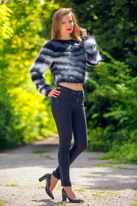 Zebra Pullover Fuzzy Mohair Bluse Handgestrickt Cropped Flauschiger Pulli SUPERTANYA - Bild 1 von 7