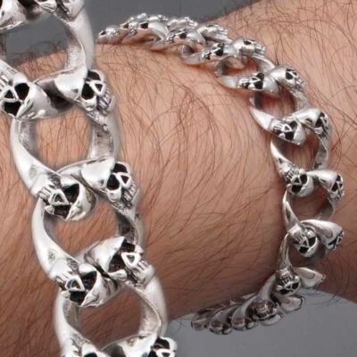 BRAZALETE BIKER ROCKER CALAVERA BORDILLO CADENA PLATA ESTERLINA 925 PARA HOMBRE 8 8,5 9 9,5" 10" Foto 1 de 4