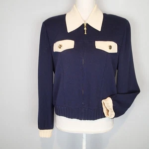 ST JOHN COLLECTION navy cream Santana knit zip sweater/ jacket sz S - Picture 1 of 20